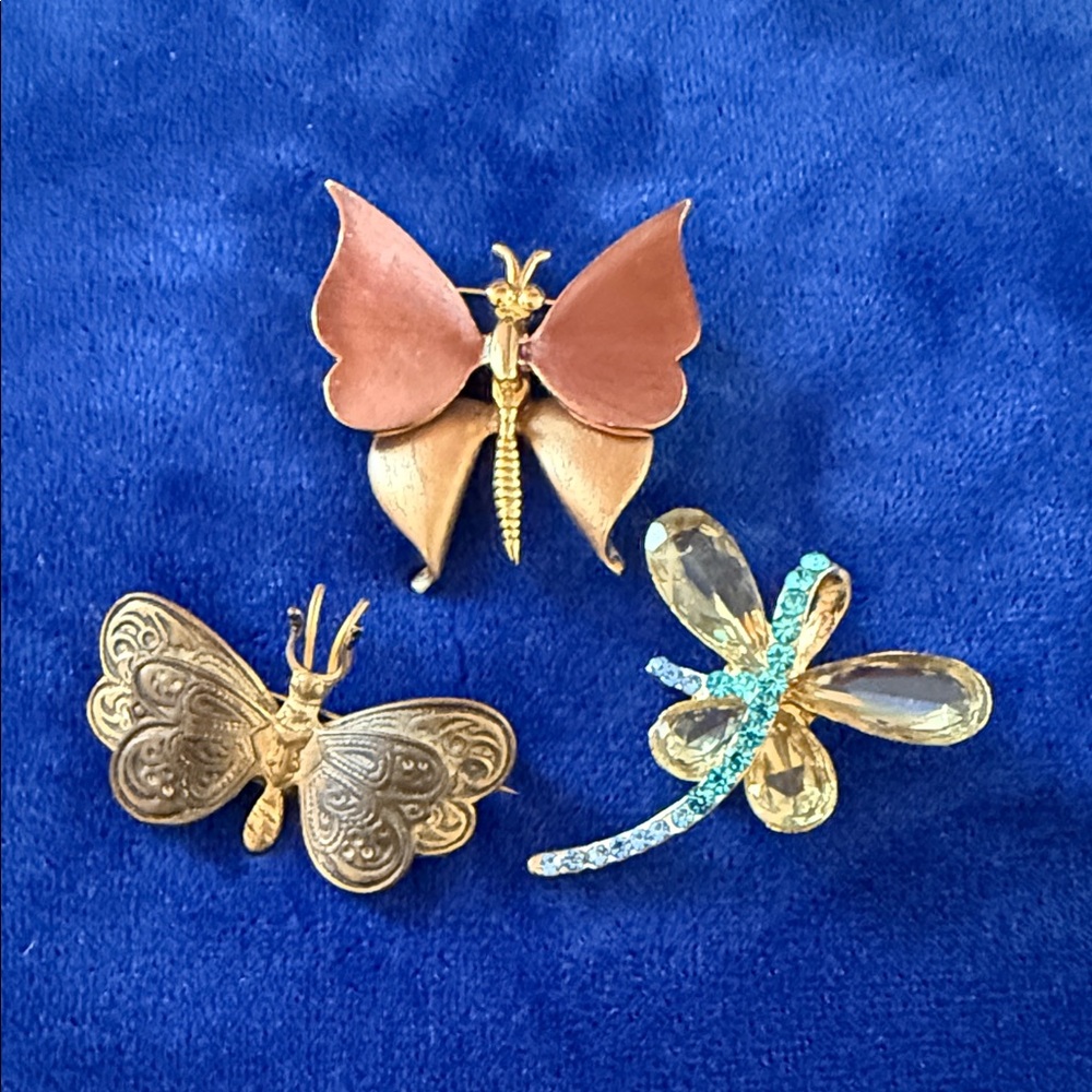 Vintage Butterfly Brooch Trio Enamel Crystals Brass